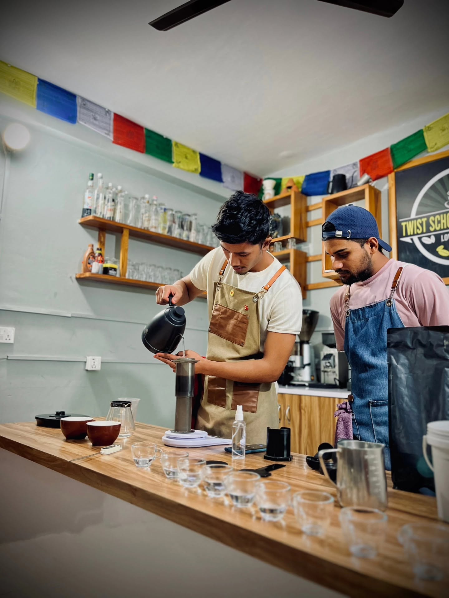 Barista training session showing coffee latte art